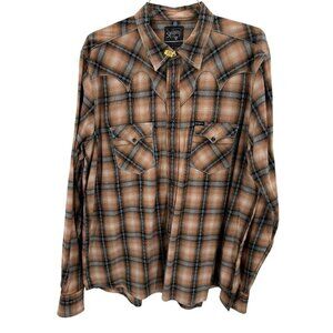 Southern Thread 100% Cotton Mens Pearl Snap Western Shirt XL Plaid Brown & Blue